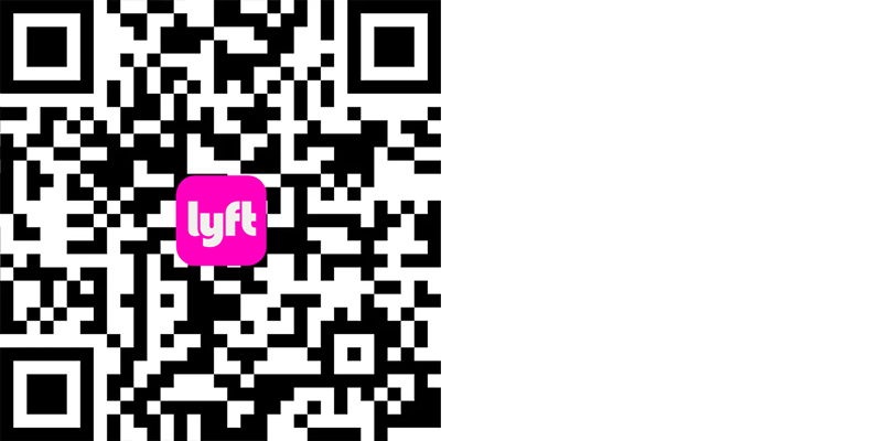A black and white QR code with a pink Lyft logo in the center. 