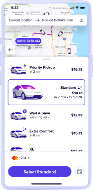 Lyft app screen showing route map, ride options with prices, and a highlighted Standard ride for $14.61.