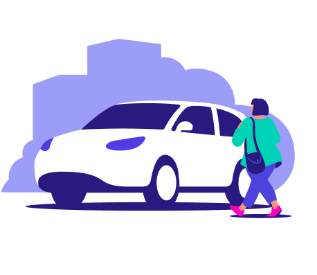 woman with purse walking to car with building in background illustration